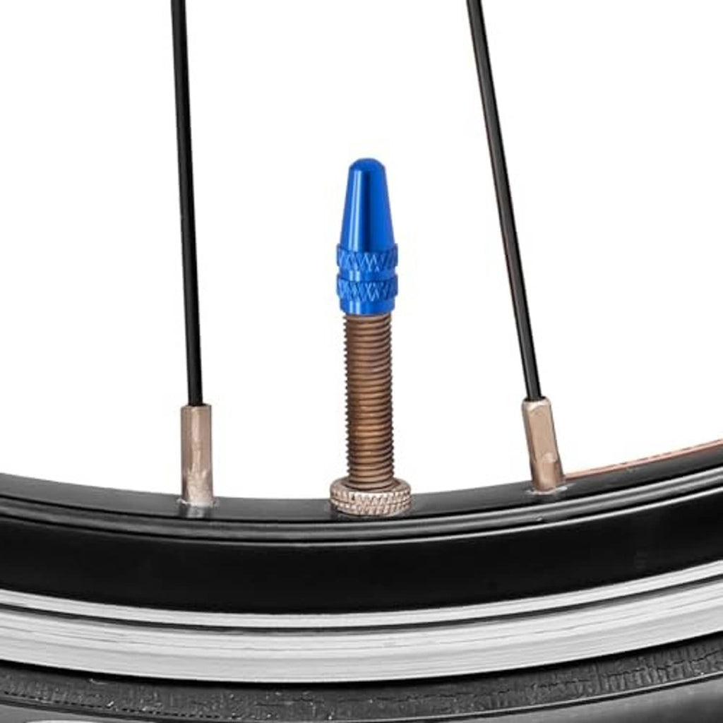 Blue Presta valve cap covering a bike valve stem, with threaded metal base