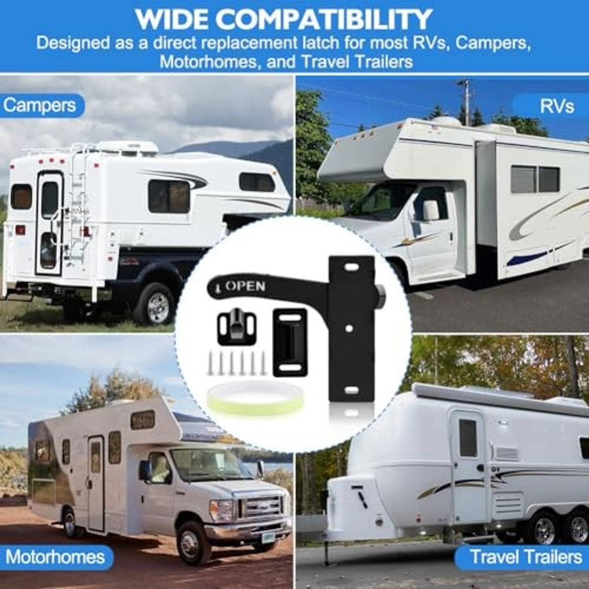Black RV screen door latch replacement kit with open handle and mounting hardware