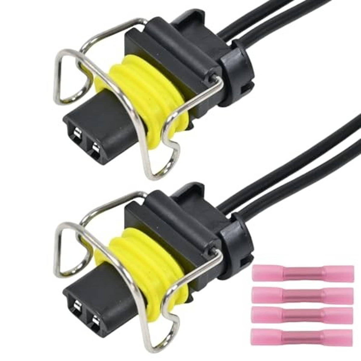Fuel injector connector pigtail harness with two black plugs, yellow coils, and pink terminals