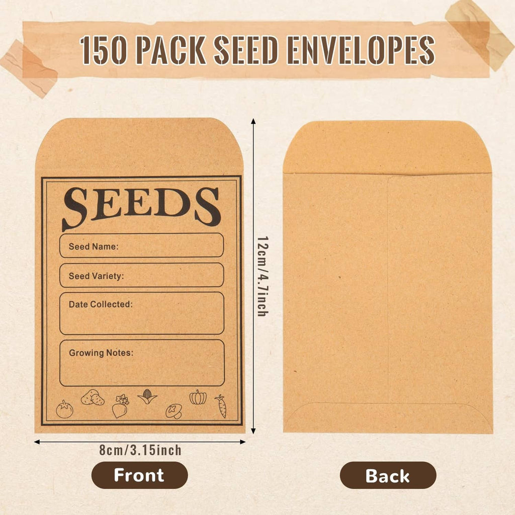 Seed envelope set: brown kraft front and back with SEEDS text and size markings.