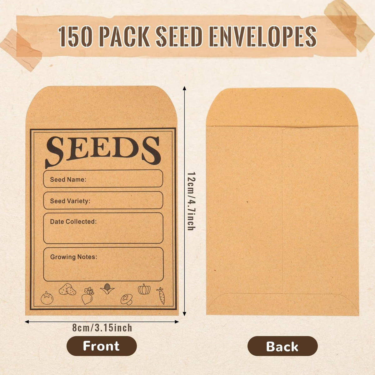 Seed envelope set: brown kraft front and back with SEEDS text and size markings.