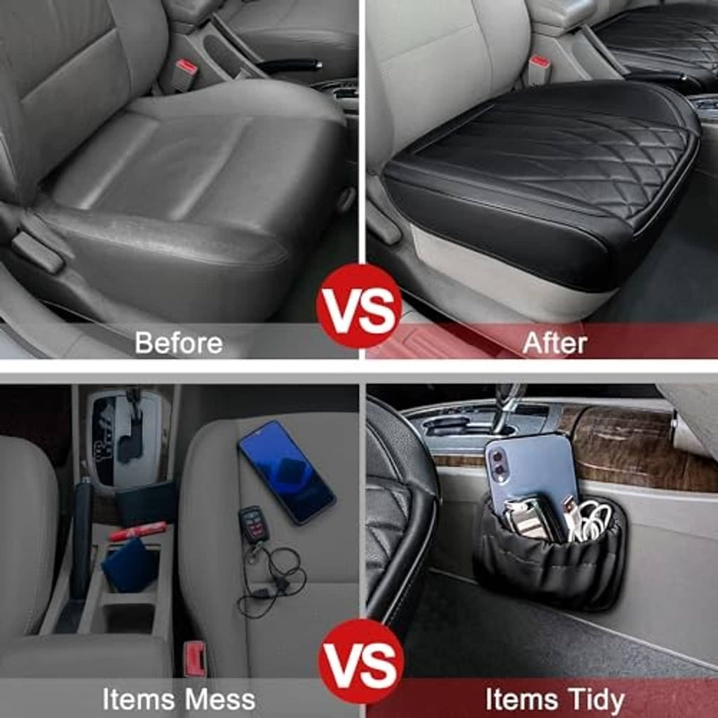 Car seat bottom cover comparison: before gray seat vs after black quilted leather-look cover