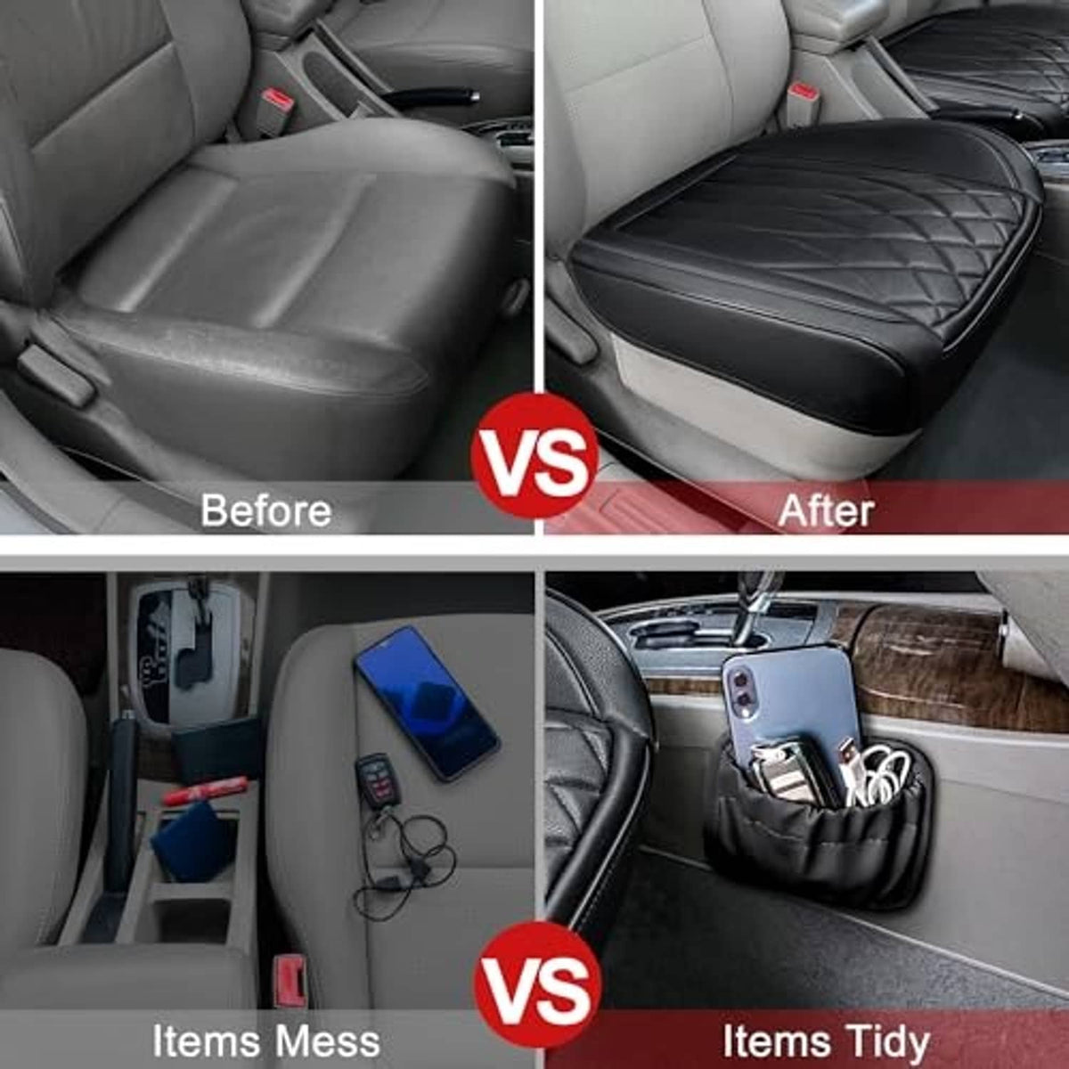 Car seat bottom cover comparison: before gray seat vs after black quilted leather-look cover
