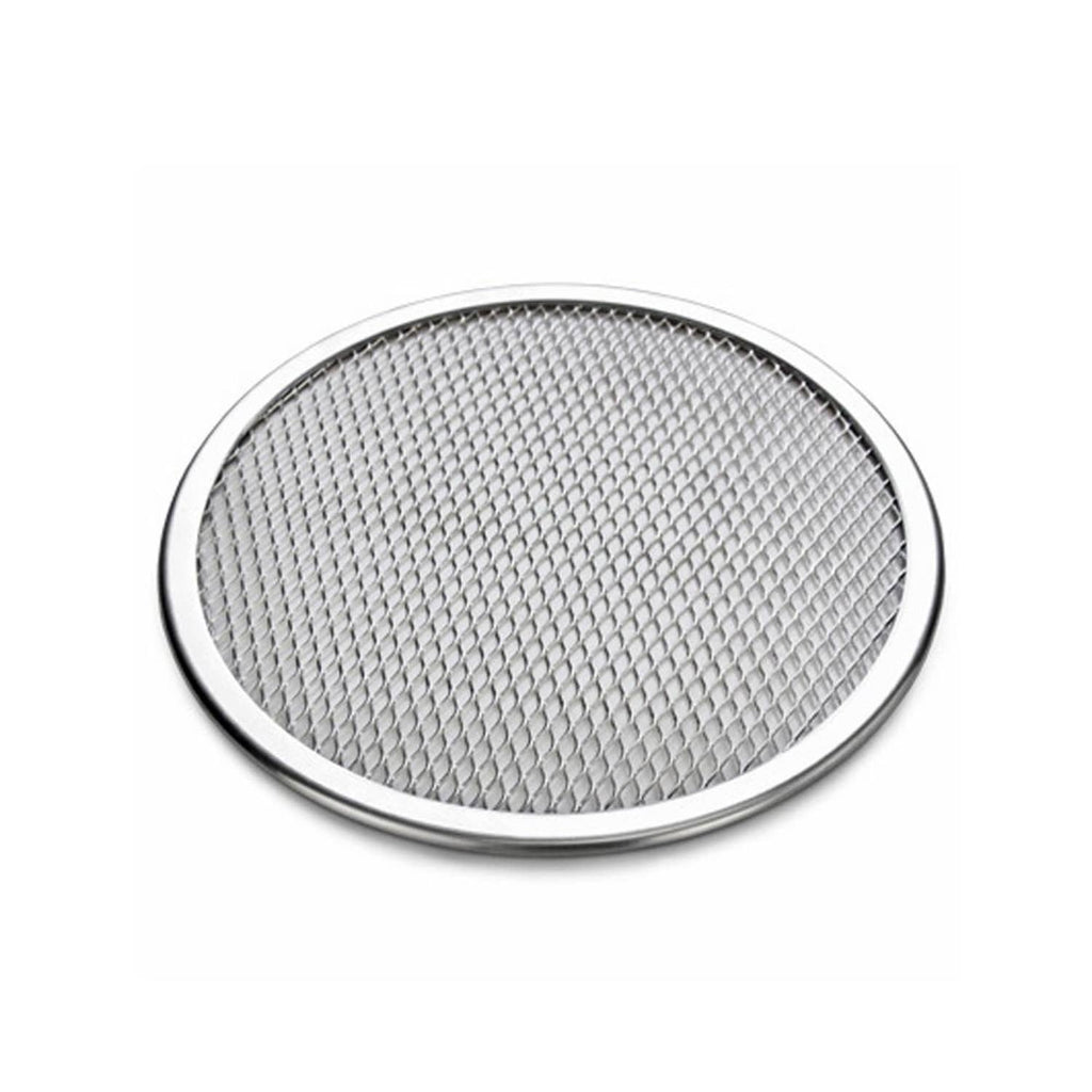 Single 12-inch aluminum pizza pan with textured mesh surface and smooth rim.