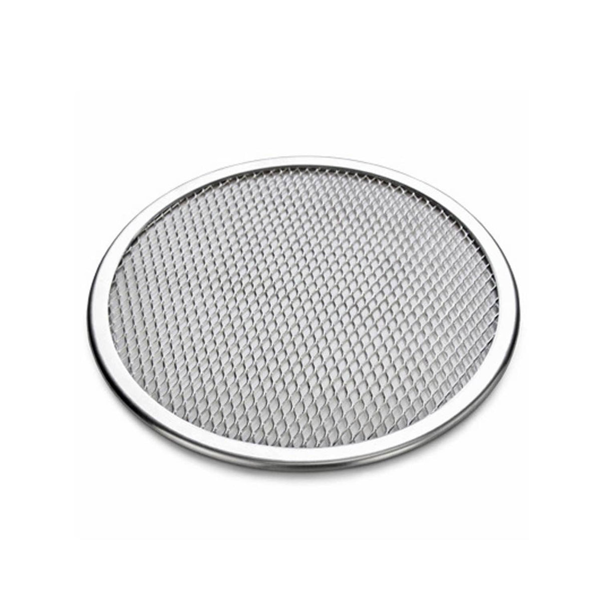 Single 12-inch aluminum pizza pan with textured mesh surface and smooth rim.