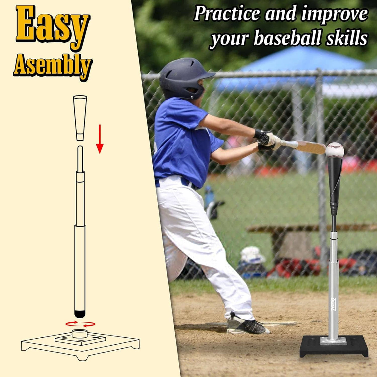 Baseball batting tee stand with quick-assembly design and stable weighted base
