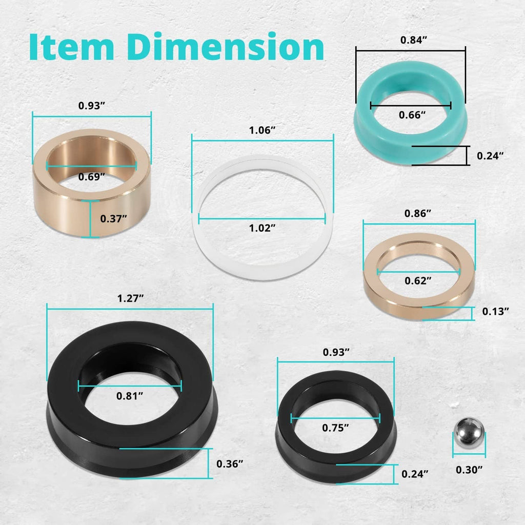 Pump repair kit item dimension diagram showing seals and gasket measurements