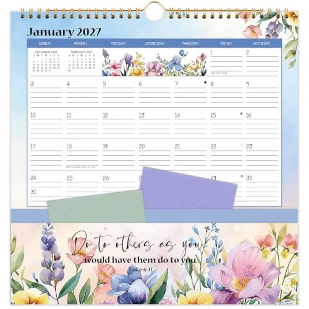 2027 floral pocket wall calendar with spiral binding, hanging loop and pocket inserts