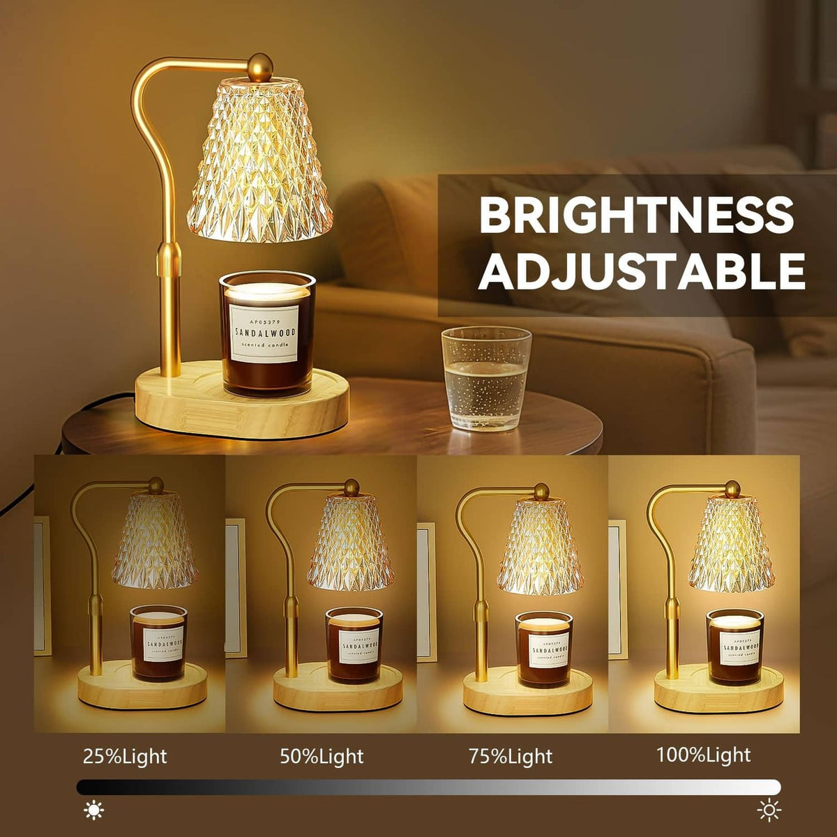 Amber-gold adjustable candle warmer lamp with faceted glass shade and wooden base