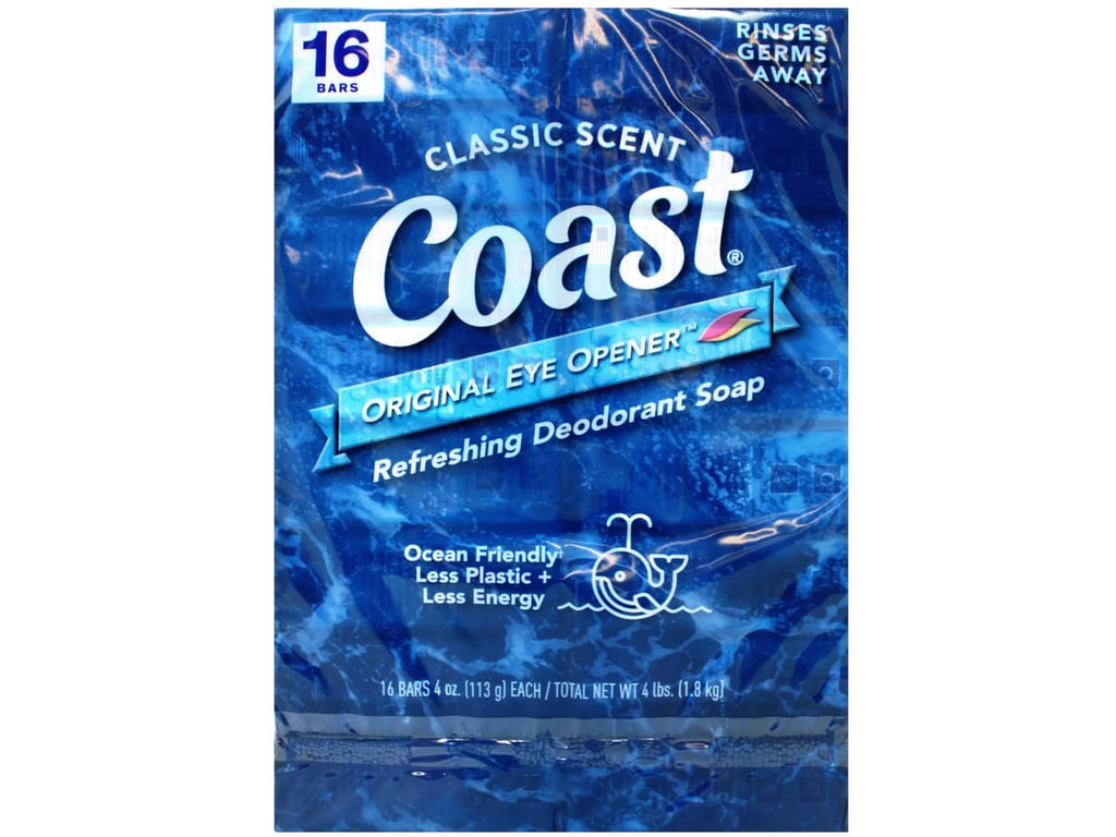 Coast bar deodorant soap box, blue classic scent front, 16 bars