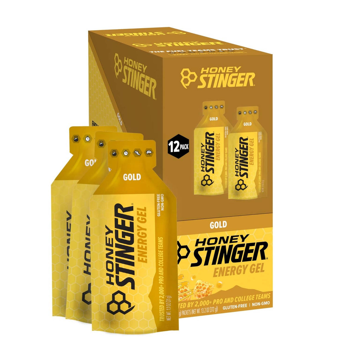 Honey Stinger Gold energy gel 12-pack box with gluten-free gel packets