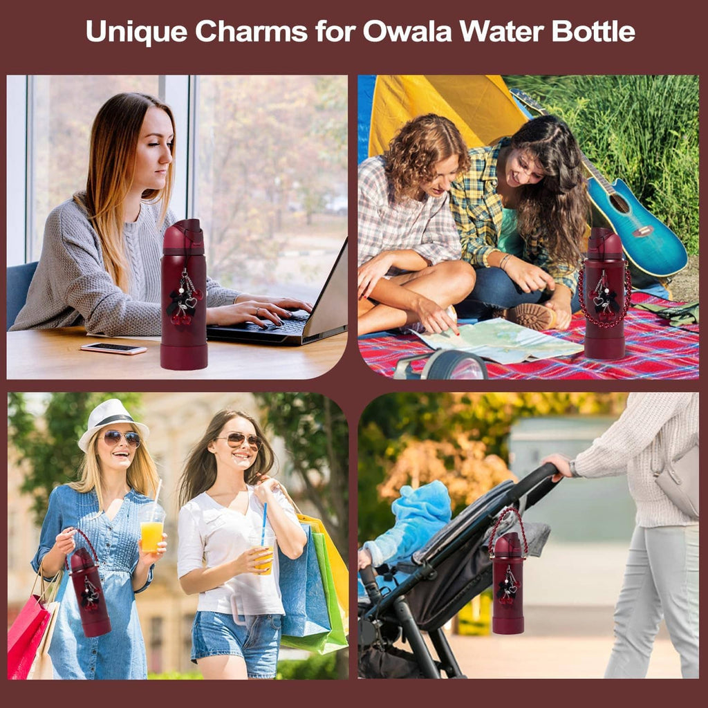 Maroon water bottle charm accessories with pearl beads and heart/cherry danglers