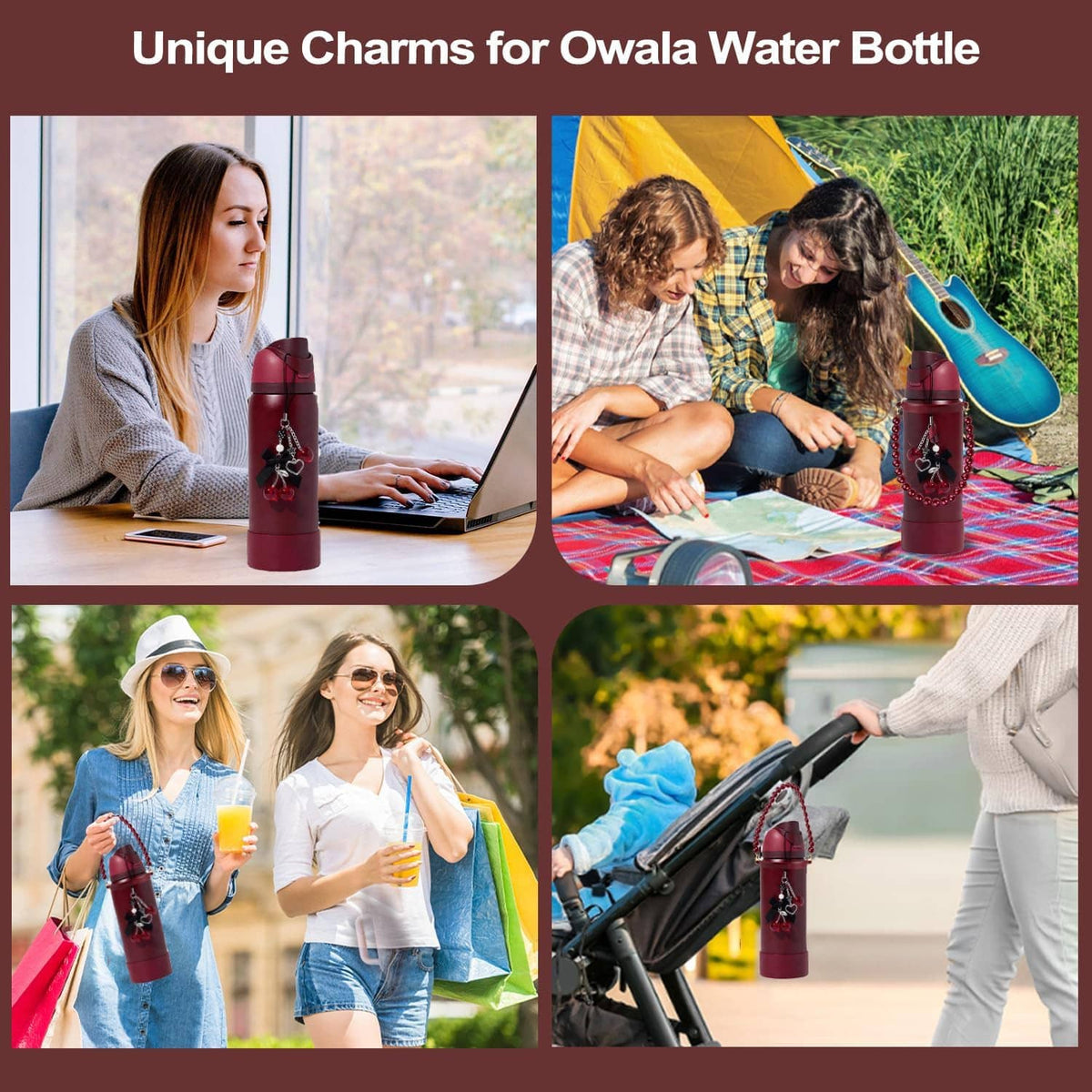 Maroon water bottle charm accessories with pearl beads and heart/cherry danglers