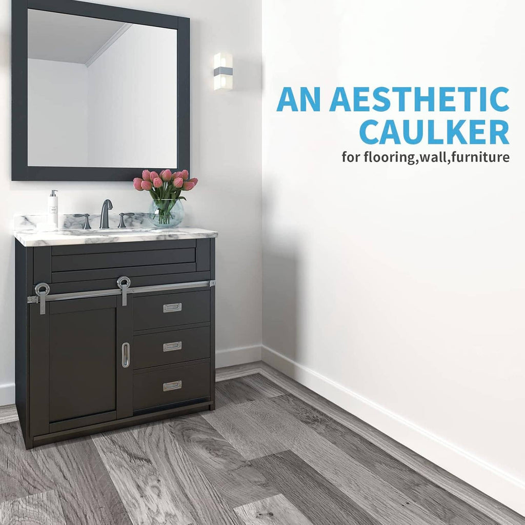 Gray woodgrain self-adhesive floor transition strip installed along room floor edge