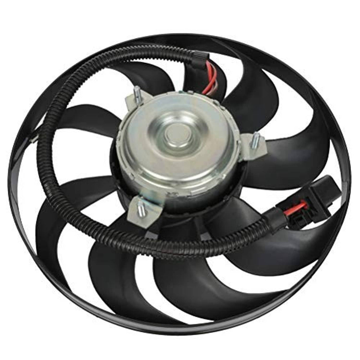 Condenser cooling fan assembly with black shroud, wiring harness, and metal motor cap