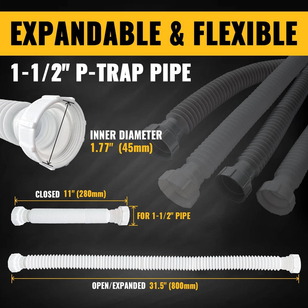 Expandable white 1-1/2 in P-trap pipe, closed to expanded 31.5 in flexible length