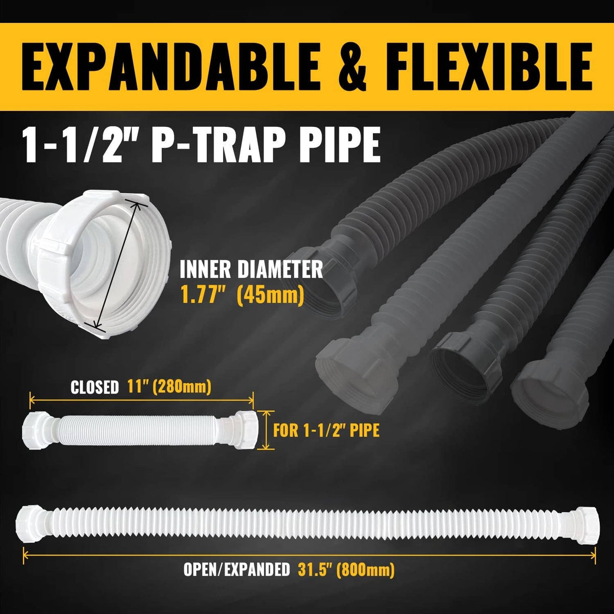 Expandable white 1-1/2 in P-trap pipe, closed to expanded 31.5 in flexible length