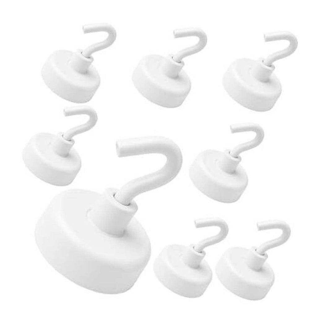 Set of 8 white magnetic hooks with curved j-hook handles on circular bases