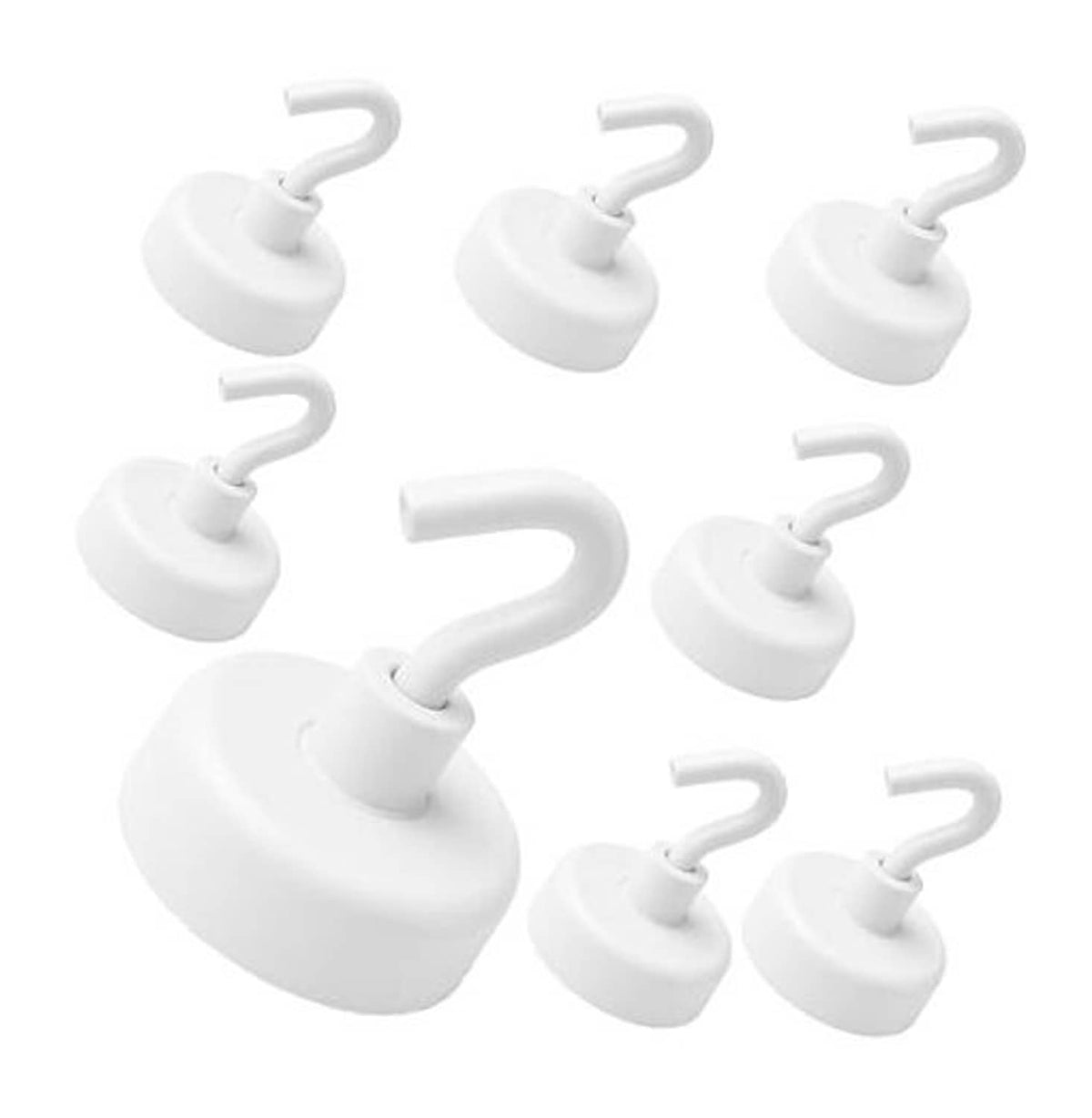 Set of 8 white magnetic hooks with curved j-hook handles on circular bases
