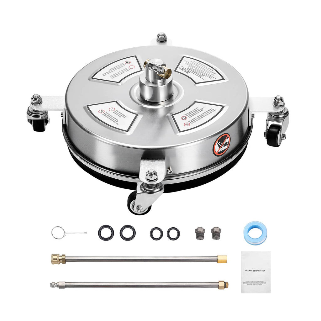 Stainless steel surface cleaner head with 4 wheels and included O-rings and extension wands