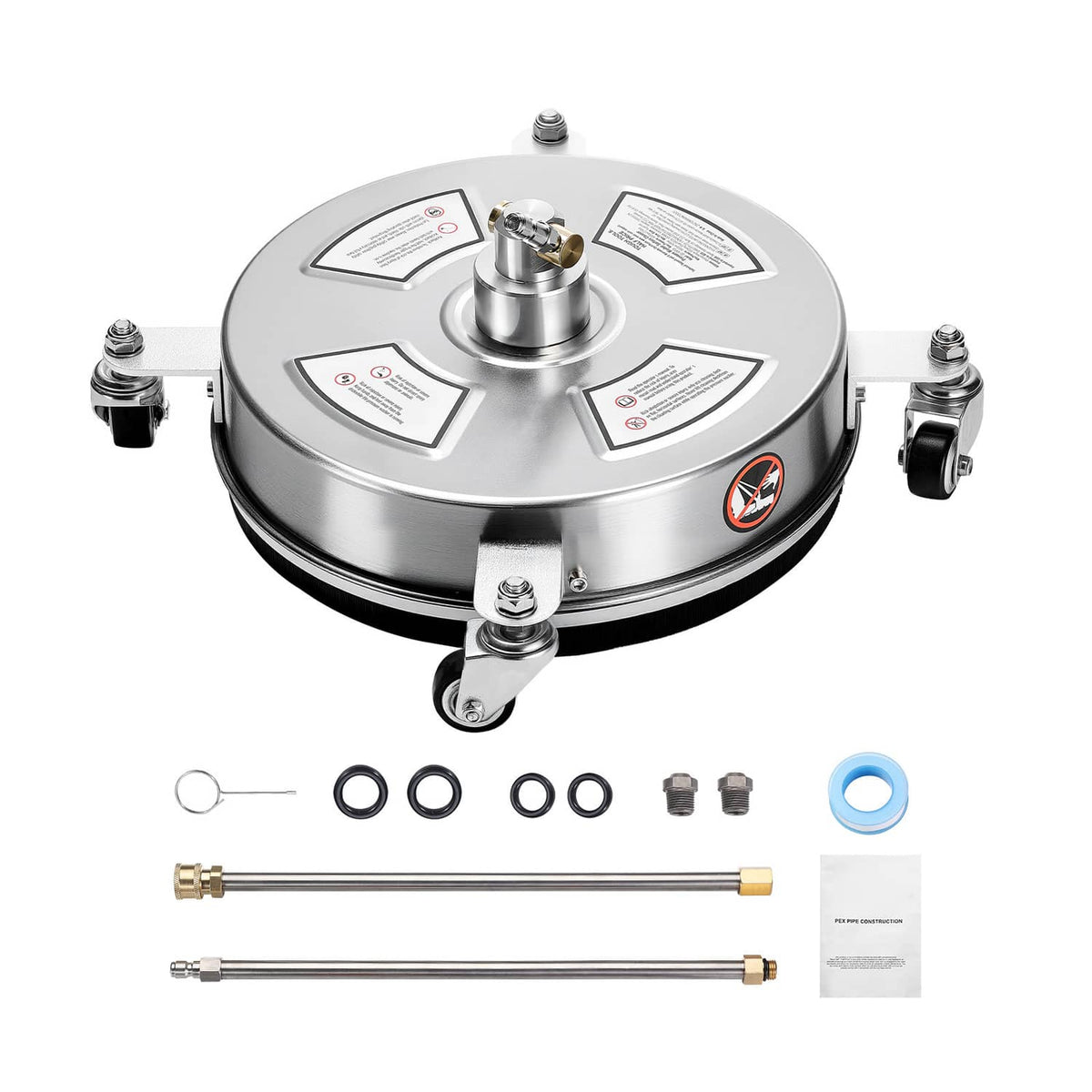 Stainless steel surface cleaner head with 4 wheels and included O-rings and extension wands
