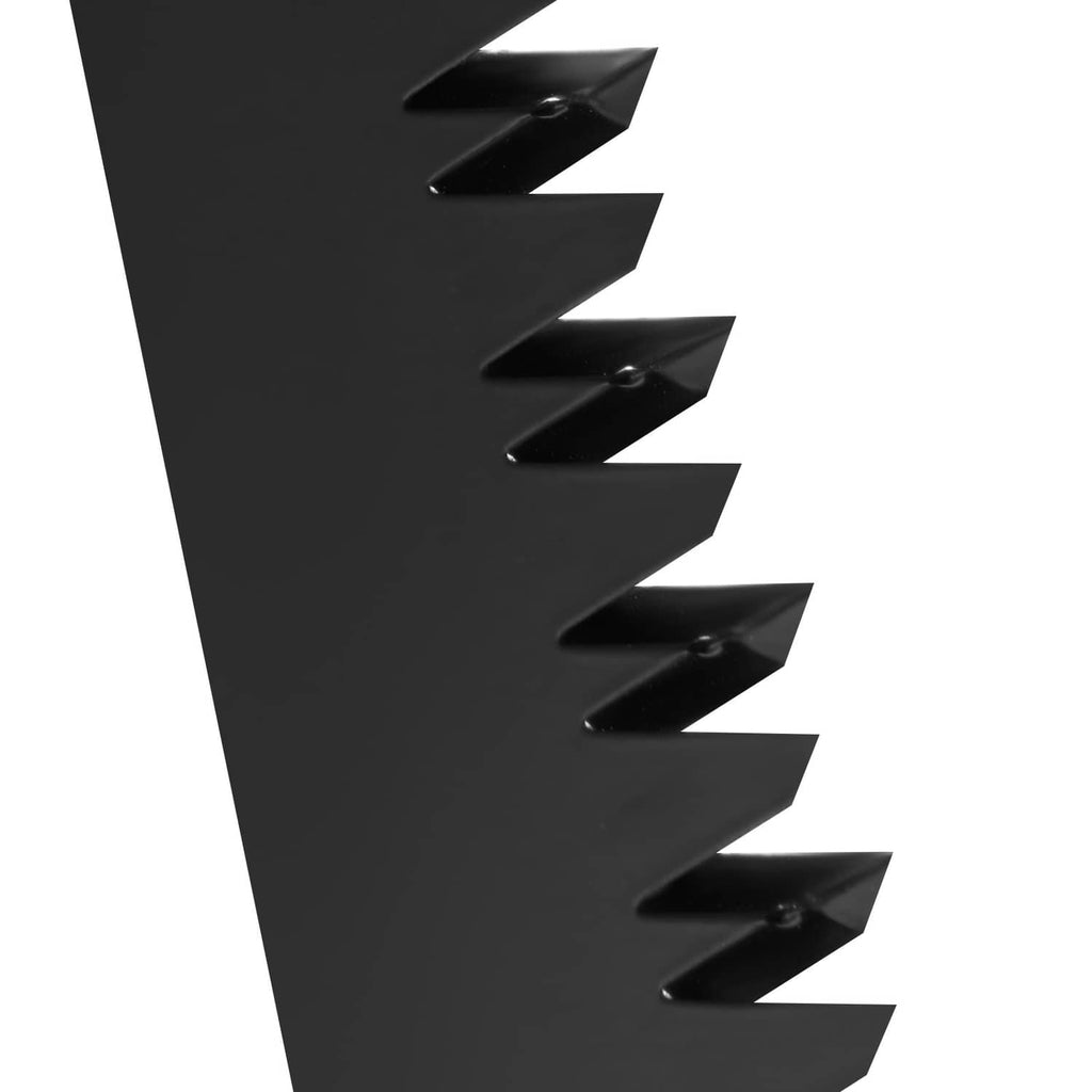 Close-up of black keyhole saw blade with serrated tooth edge and mounting holes