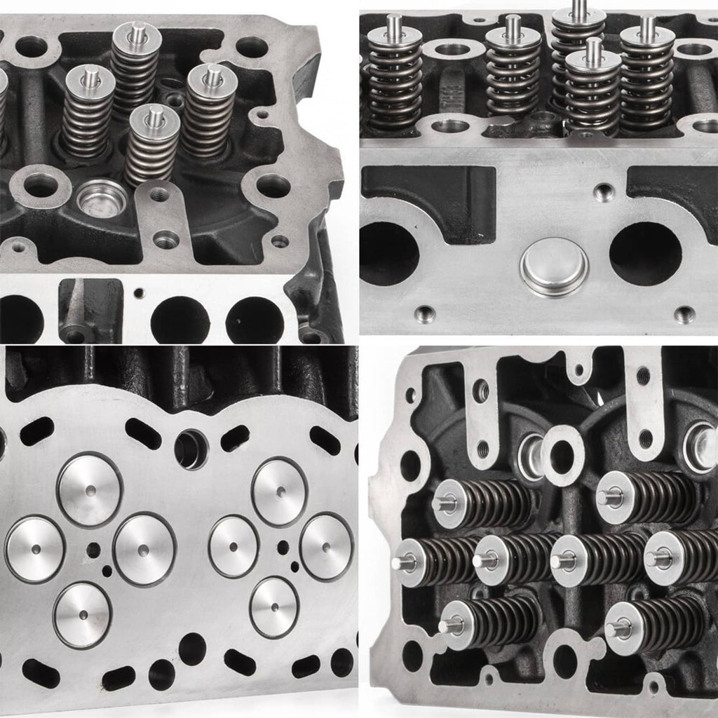 Engine cylinder head close-ups showing valve springs, rocker areas, and round chambers.