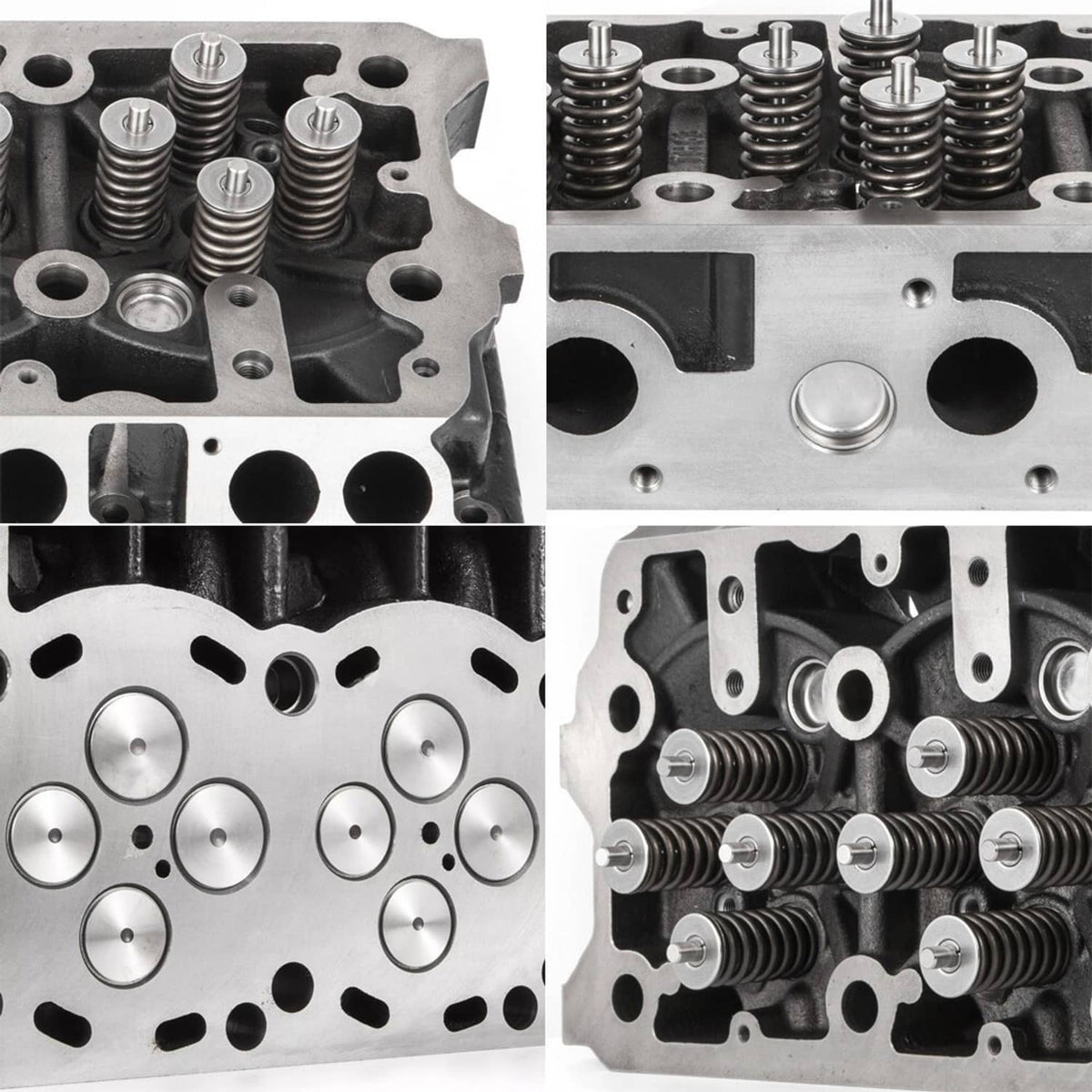Engine cylinder head close-ups showing valve springs, rocker areas, and round chambers.