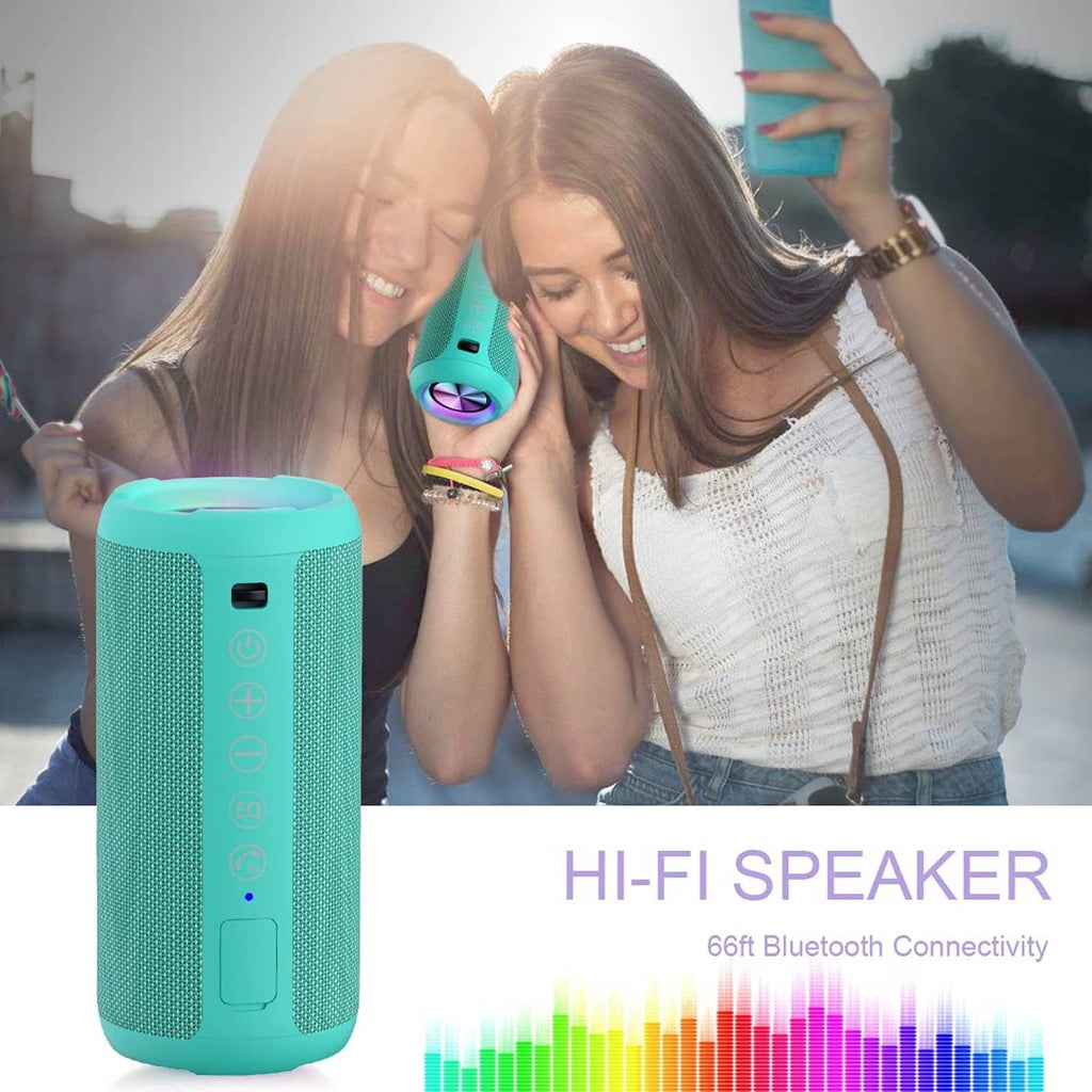 Teal compact Bluetooth speaker with light ring and vertical button panel on top