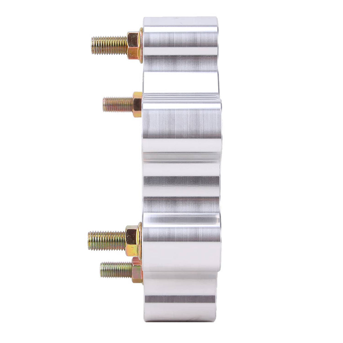 Silver front wheel spacer sleeve with stacked ridges and gold-threaded bolts