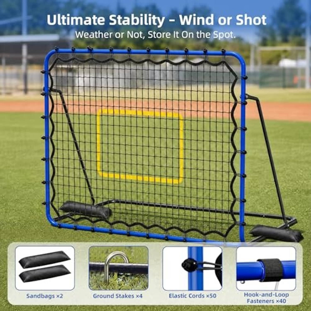 Soccer rebound net with blue steel frame and black mesh, outdoor training net setup