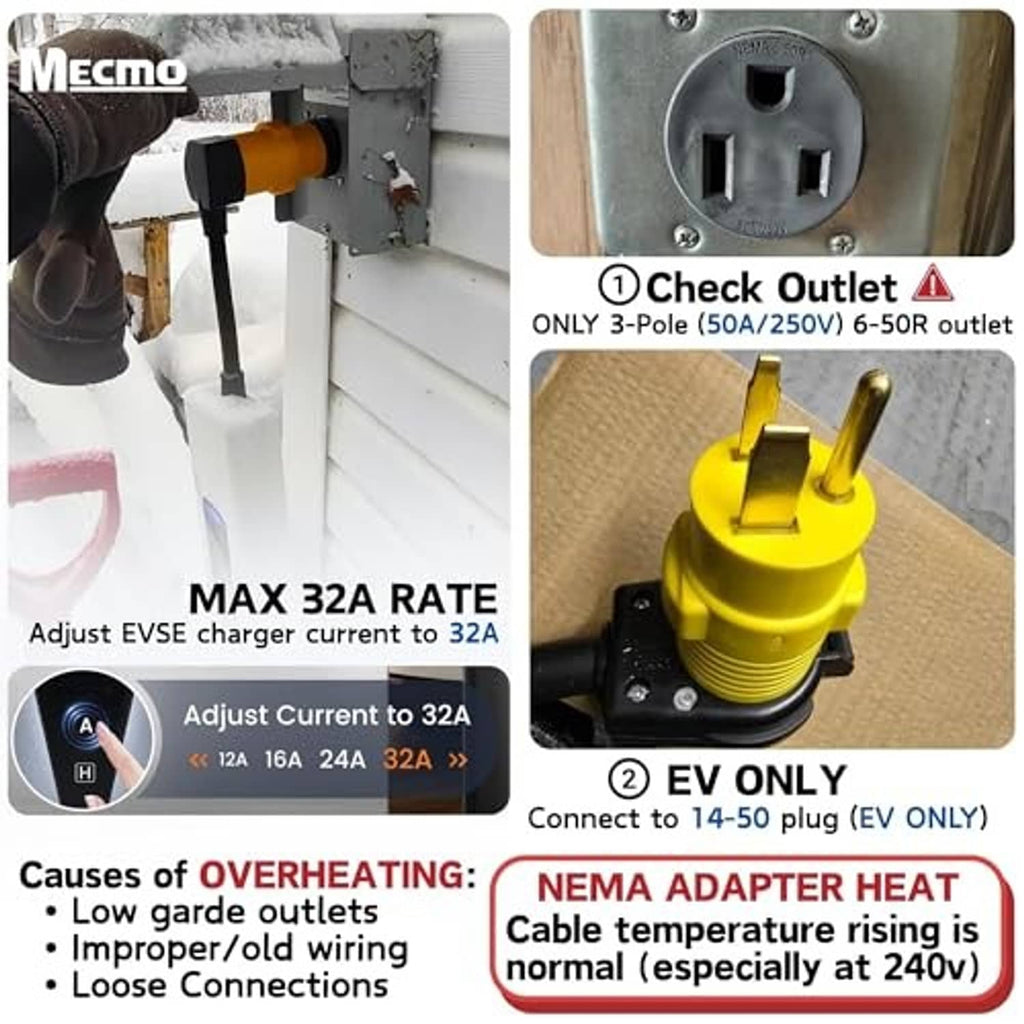 Yellow EV charger adapter installed on an outlet with close-up of the plug connection