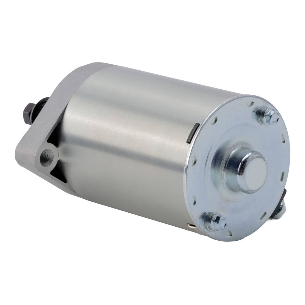 Starter motor assembly, silver cylindrical body with front round mounting plate