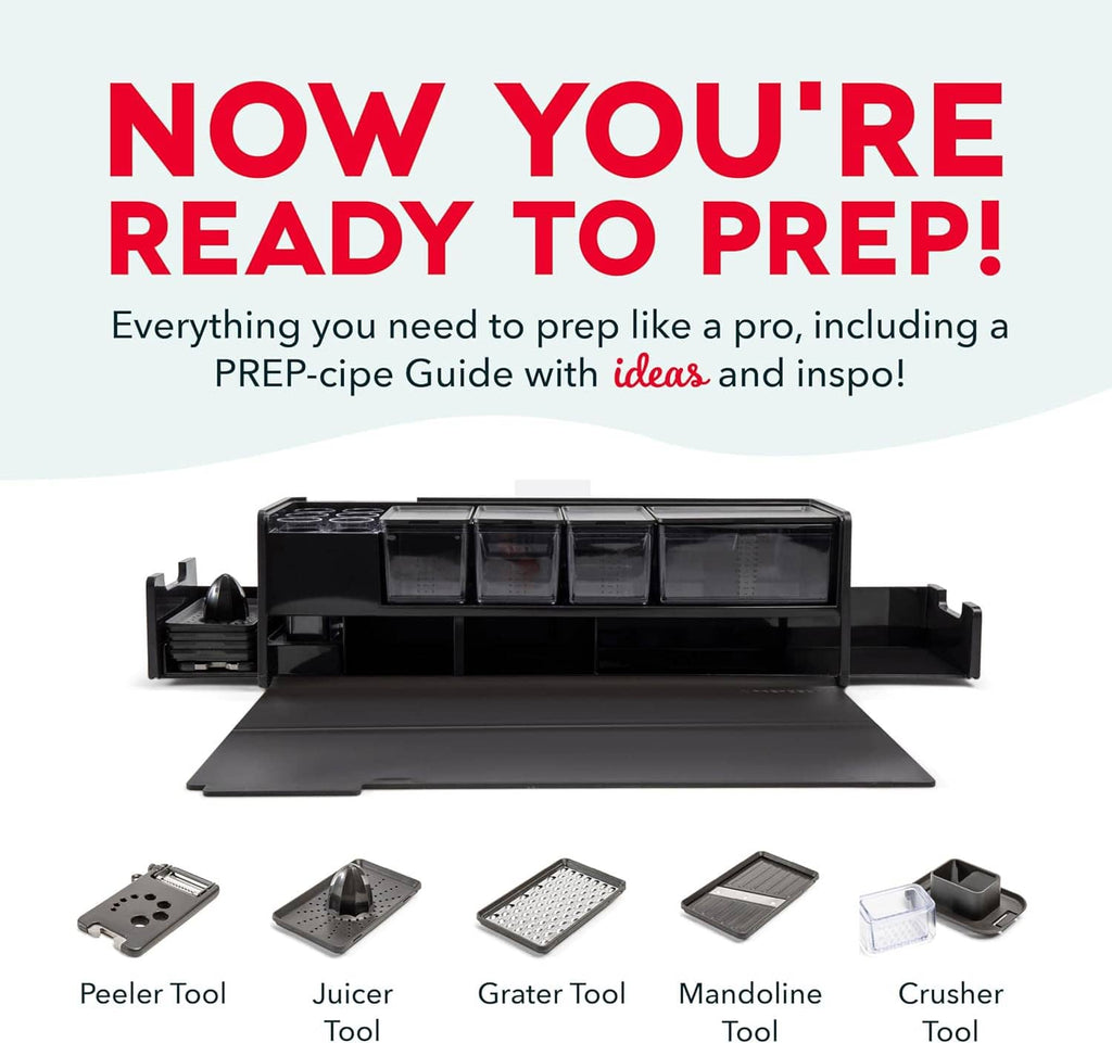 Black prep station open with fold-out cutting surface and 5 attached tool blades