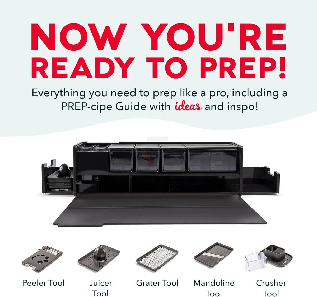 Black prep station open with fold-out cutting surface and 5 attached tool blades