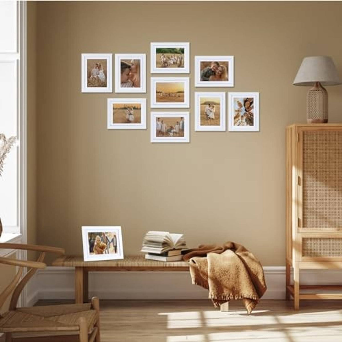 Set of small white photo frames arranged on wall, each with a white border