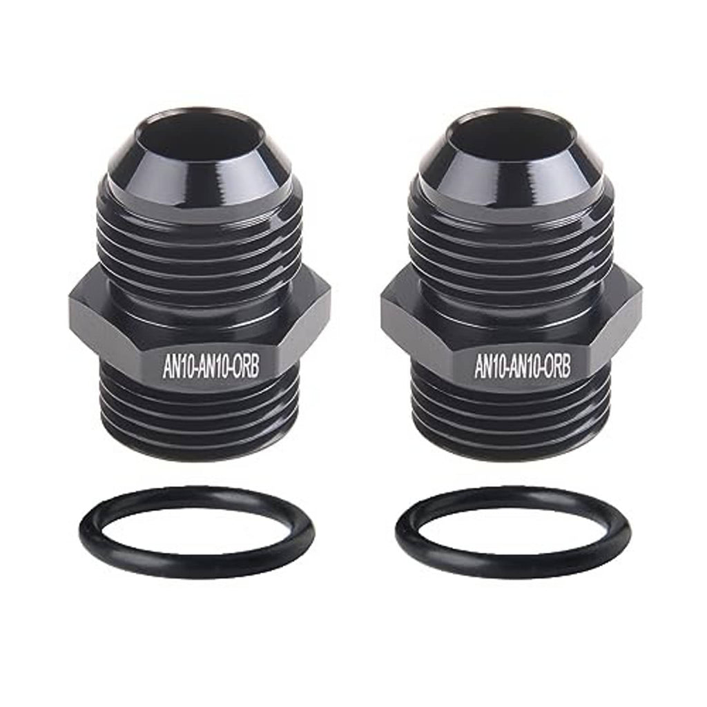 Two-piece AN10-AN10 ORB male O-ring boss adapter fittings, black with rubber seals