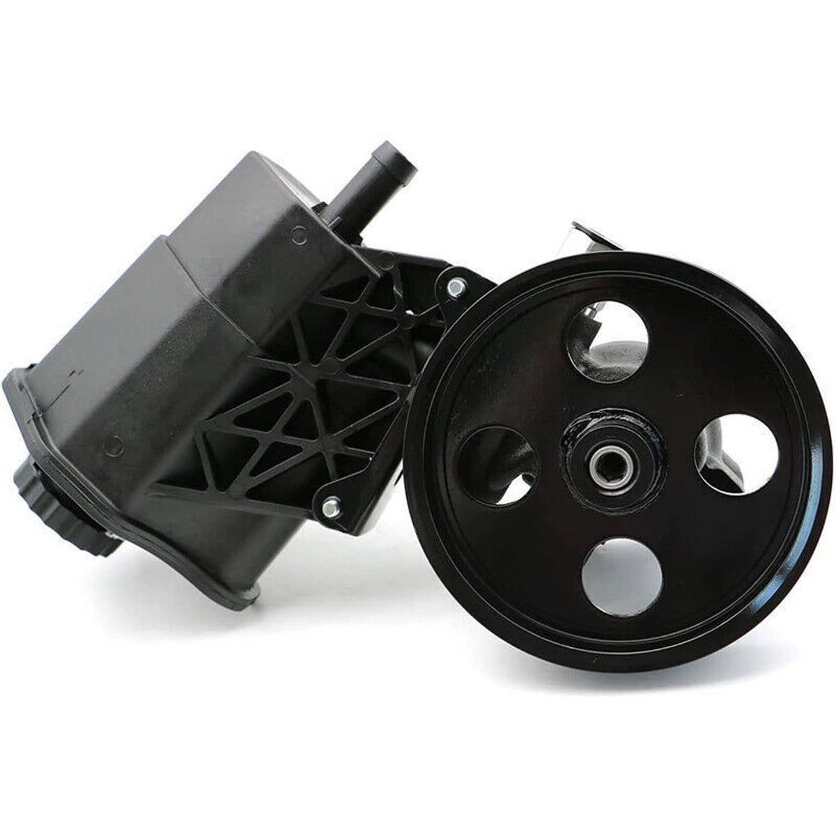 Power steering pump with reservoir and pulley, angled view of black pump body and belt pulley