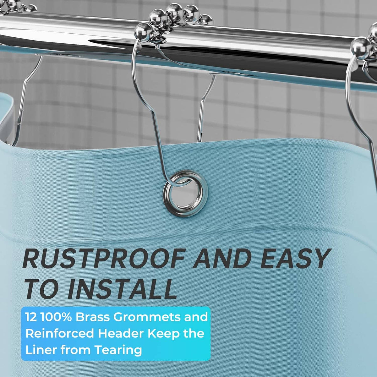 Teal shower liner with metal grommets and reinforced header for easy installation