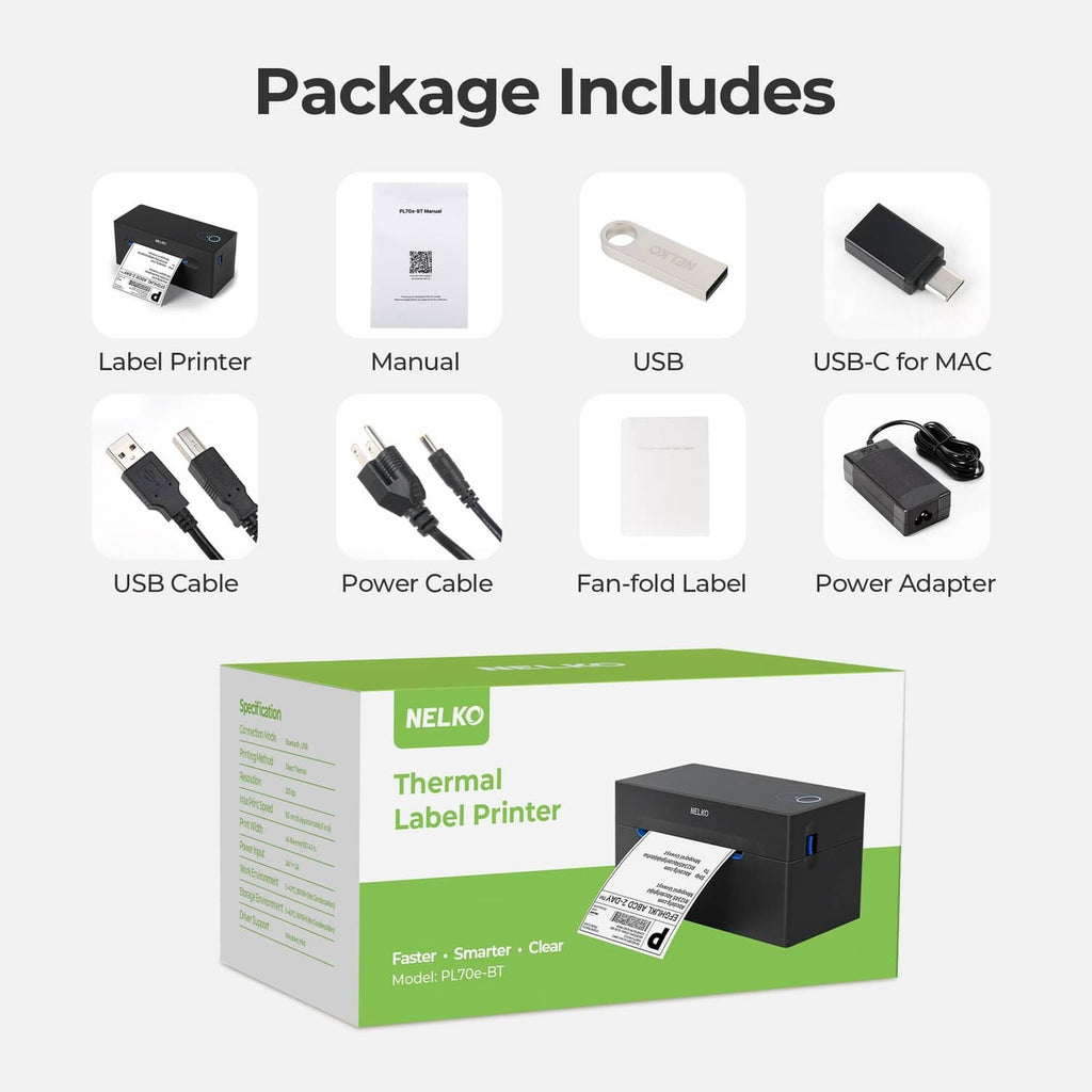 Thermal label printer package includes printer, cables, power adapter, and manual