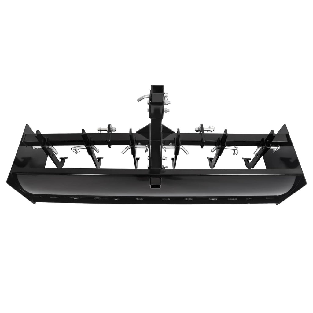 Tow-behind box scraper blade with front cutting edge and row of curved scraping teeth
