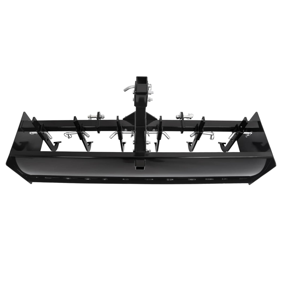 Tow-behind box scraper blade with front cutting edge and row of curved scraping teeth