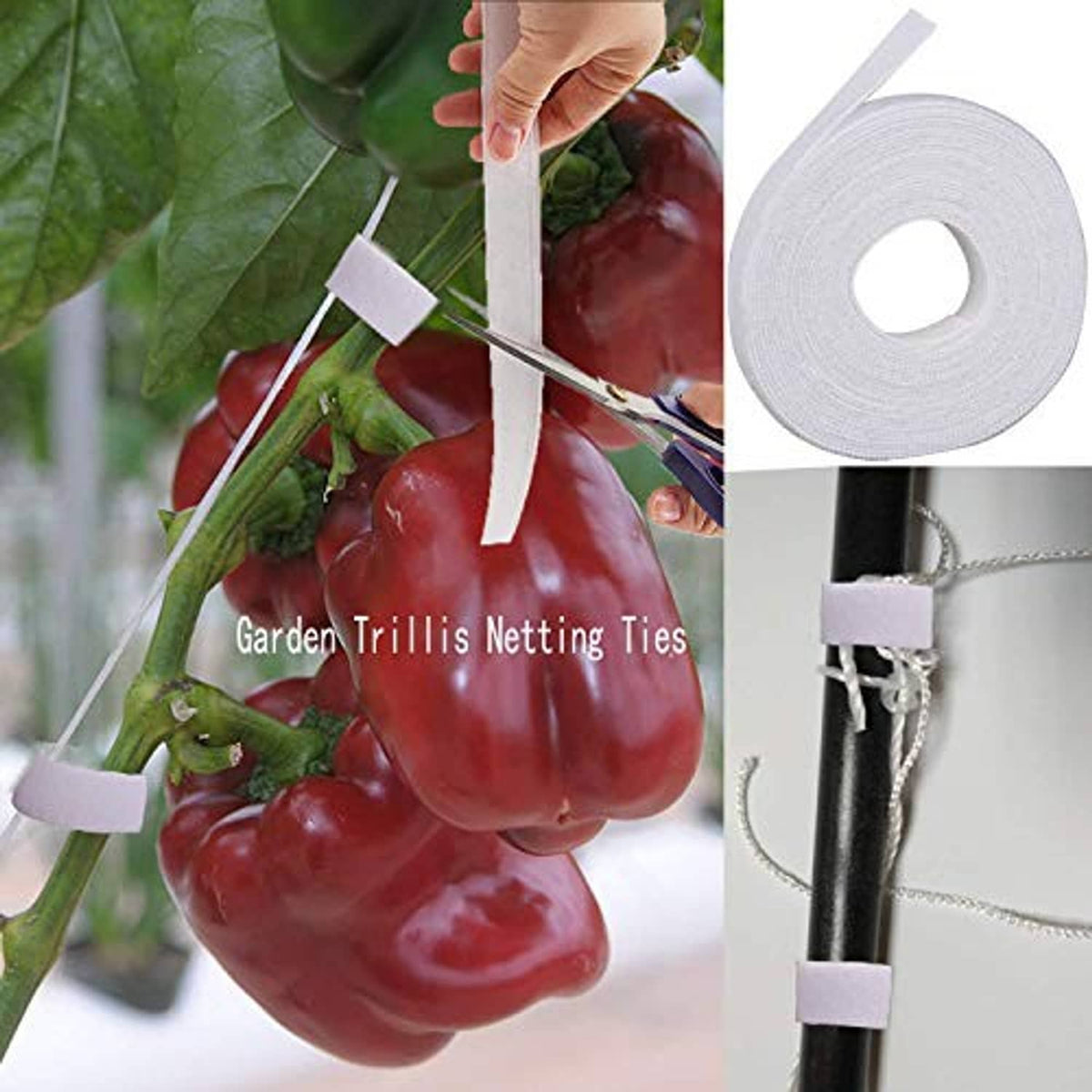 White trellis netting roll with garden tie straps for securing plants