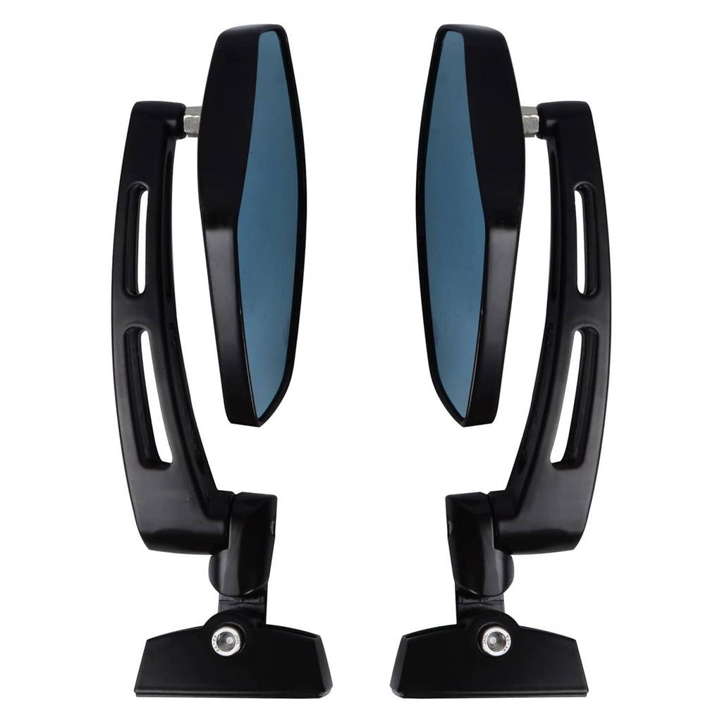Pair of black racing rearview mirrors with smoke-blue lenses and wide bracket mounts