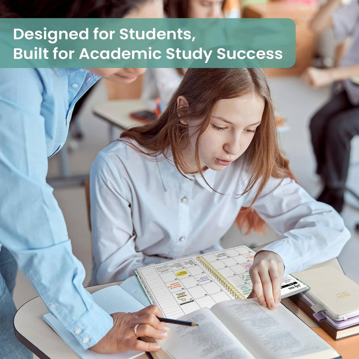 Student writing in an open planner page with calendar grid and notes sections