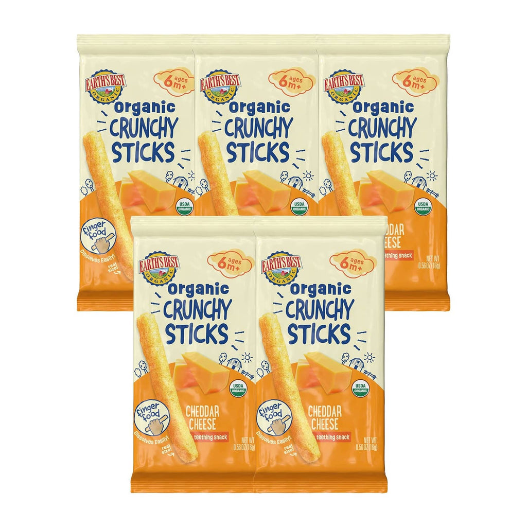 Pack of 5 organic crunchy cheddar dissolvable teething sticks, orange pouches, 6m+.