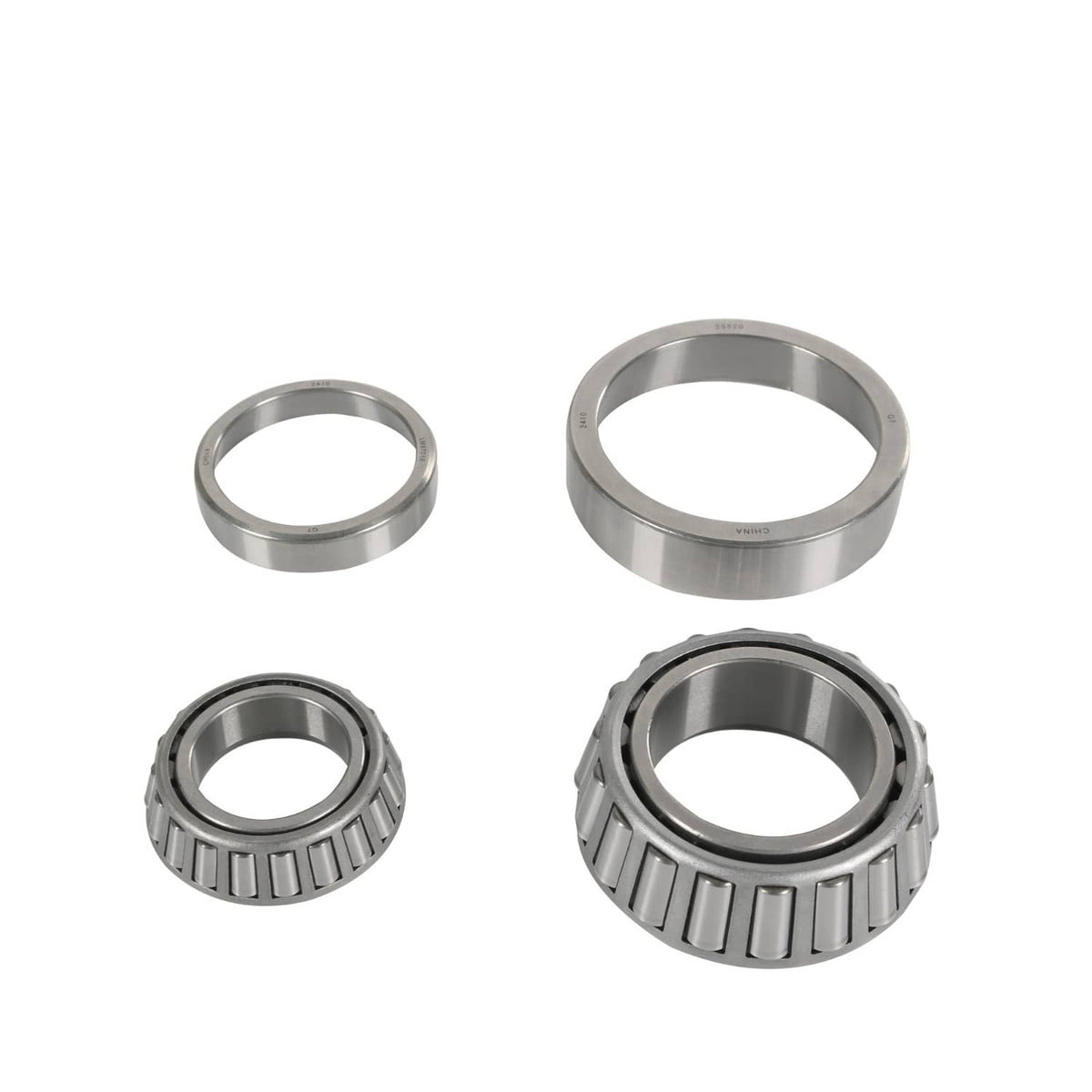 Bearing axle kit parts: steel bearing races and a roller bearing
