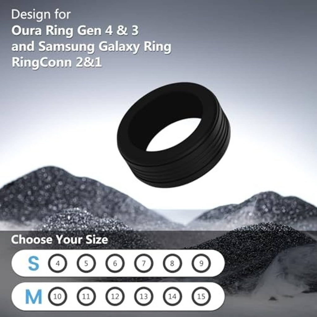 Black silicone ring protector cover for smart ring, ribbed outer band