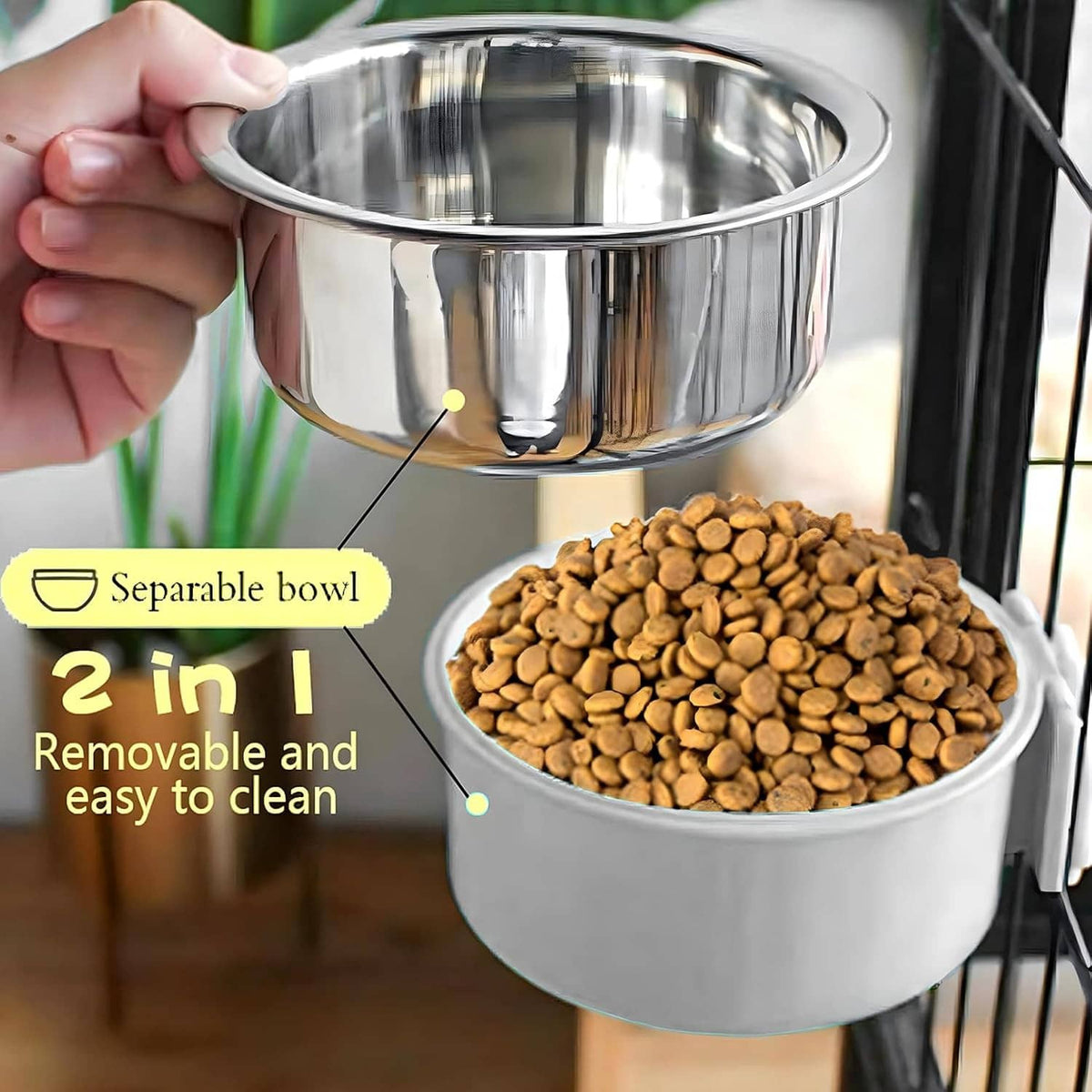 Removable stainless steel pet bowl with handle, attached to gray hanging feeder