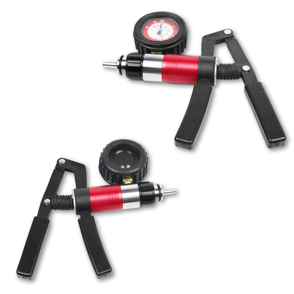 Vacuum brake bleeder hand pump with pressure gauge and black trigger handles